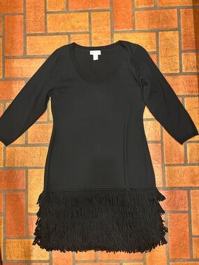 Soft Surroundings Black Long-Sleeve Fringe-Hem Knit Dress